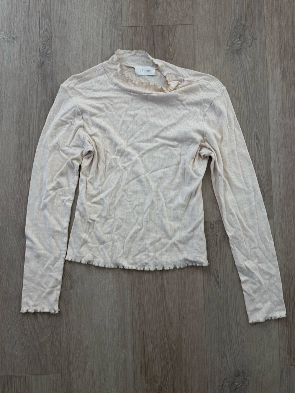 bohme Cream Ribbed Long Sleeve Lettuce Edge Top